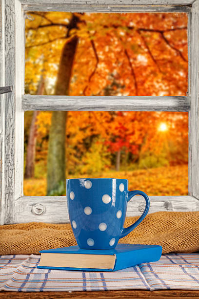 istock Vintage wooden window overlook autumn trees 486578814
