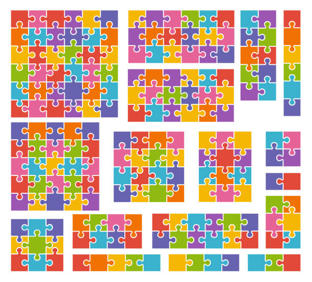 Parts of puzzles on white background in colored colors. Parts of puzzles on white background in colored colors. Set of puzzle 2, 3, 4, 5, 6, 8, 9, 10, 12, 13, 16, 18, 25, 36 pieces 21st century stock illustrations