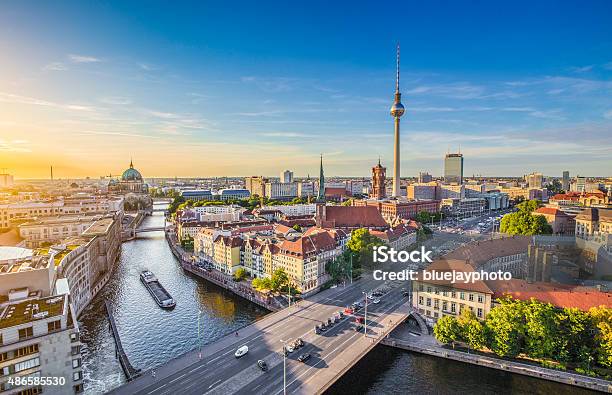 Berlin Skyline With Spree River At Sunset Germany Stock Photo - Download Image Now - Berlin, Panoramic, Germany