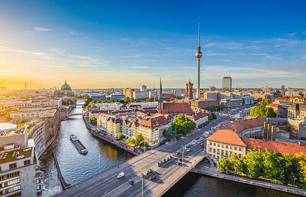 berlin skyline with spree river at sunset, germany - berlin bildbanksfoton och bilder
