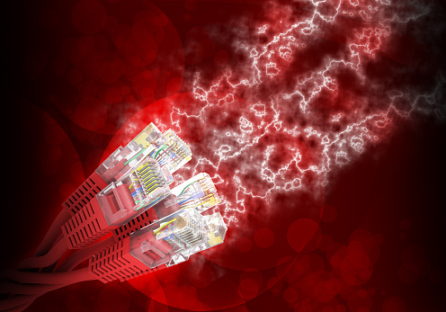 Red computer cables on abstract red background with energy
