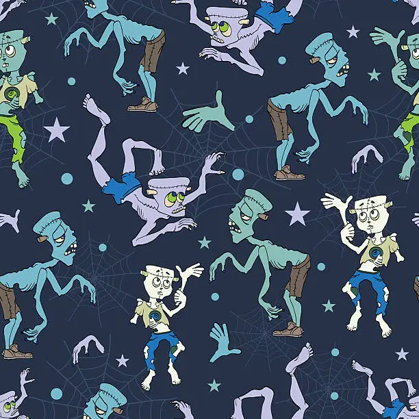 Vector illustration of Vector Spooky Zombies Halloween Seamless Pattern. Isla Vista California. Epic