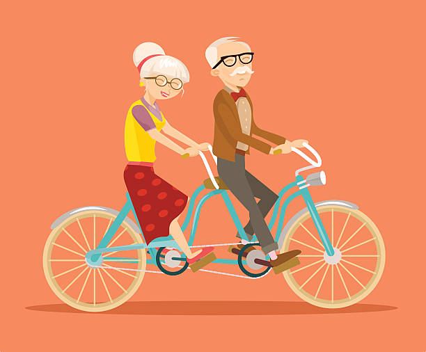 Grandparents on bicycle. Vector flat illustration Grandparents on bicycle. Vector flat illustration senior citizen day stock illustrations