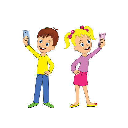 children,boy and girll taking selfie photo,illustration,vector