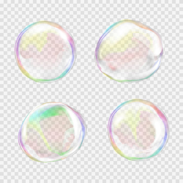 stockillustraties, clipart, cartoons en iconen met set of multicolored transparent soap bubbles - bel vloeistof