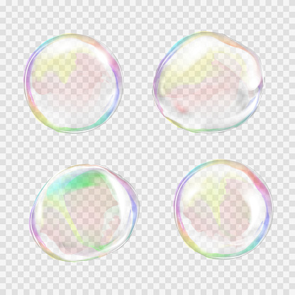 Set of multicolored transparent soap bubbles with glares, highlights and gradients. Custom shapes and colors. EPS 10 vector illustration on light gray background. For your design and business