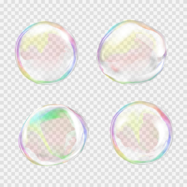 Set of multicolored transparent soap bubbles Set of multicolored transparent soap bubbles with glares, highlights and gradients. Custom shapes and colors. EPS 10 vector illustration on light gray background. For your design and business foam material stock illustrations