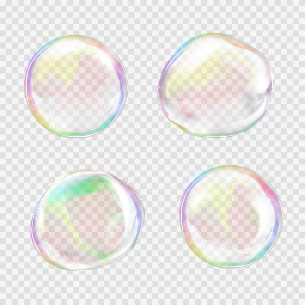 Set of multicolored transparent soap bubbles Set of multicolored transparent soap bubbles with glares, highlights and gradients. Custom shapes and colors. EPS 10 vector illustration on light gray background. For your design and business iridescent stock illustrations