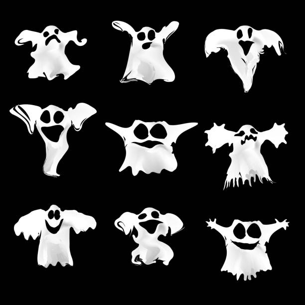 набор хэллоуин белый призраки с различные выражения - death fear focus on shadow isolated objects stock illustrations