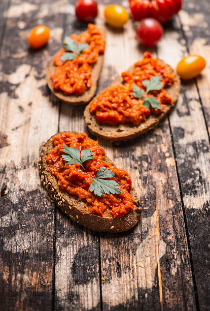 istock Vegetables spread with bread on rustic wooden background, close up 486595204