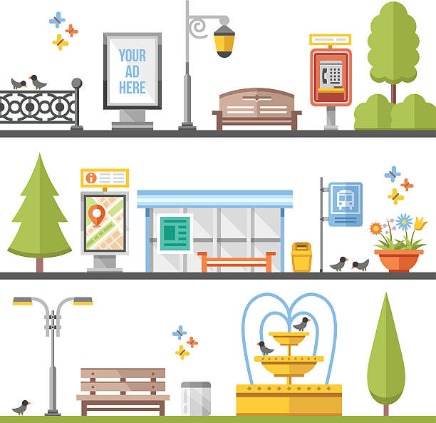 City elements, outdoor elements and city scenes flat illustrations set City elements, outdoor elements and city scenes flat illustrations set. Modern flat design concepts for web banners, web sites, printed materials, infographics, games. Creative vector illustration bus shelter stock illustrations