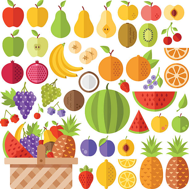 illustrazioni stock, clip art, cartoni animati e icone di tendenza di piatto icone set di frutta. vettoriale icone piatto creative - nectarine peach red market