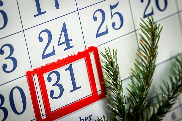 Toggle wall calendar Toggle wall calendar with a branch of spruce december 31 stock pictures, royalty-free photos & images