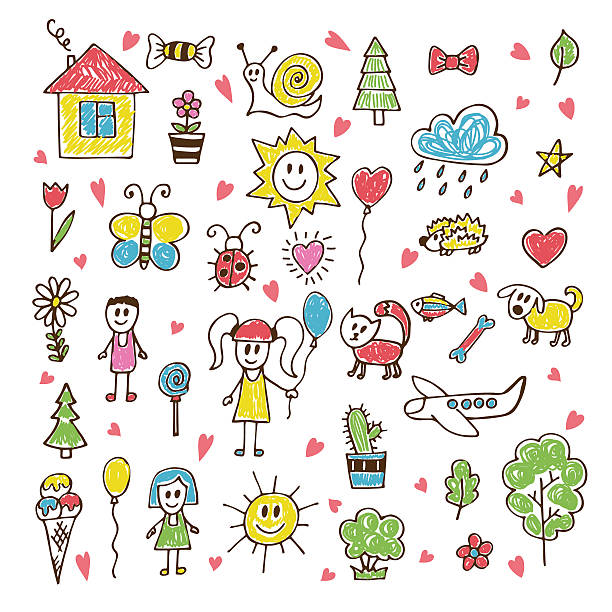 doodle дети чертежа. hand drawn набор - sun sky child balloon stock illustrations