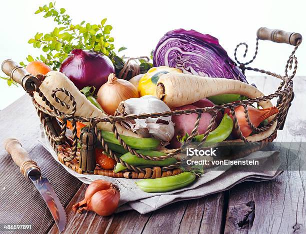 Organic Healthy Vegetables In The Rustic Basket Stock Photo - Download Image Now - Agriculture, Arrangement, Basket