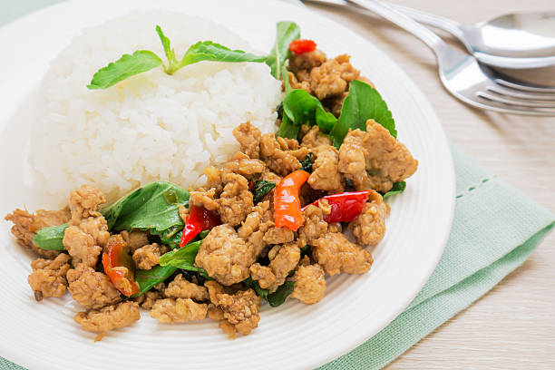 istock Basil fried rice with pork, Thai food 486598083