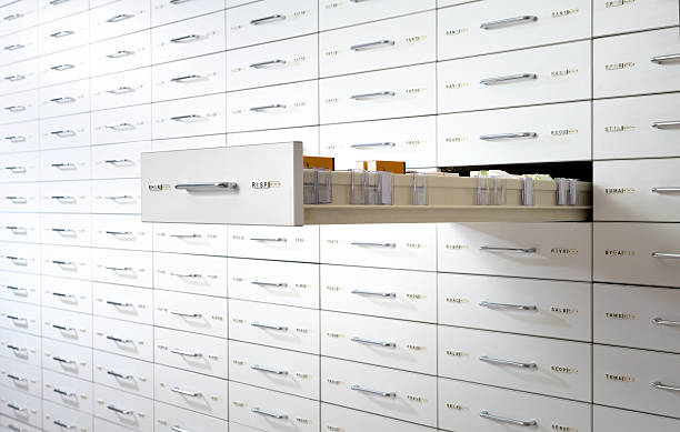 pharmacy medicine drawers wall stock photo