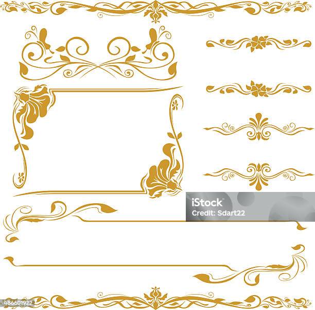 Frame Floral Cornner Line Art Gold Set Stock Illustration - Download Image Now - Decoration, Gold - Metal, Gold Colored