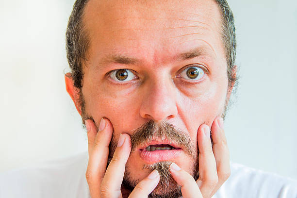 istock Close up portrait bearded and mustache man, shocked expression 486602940