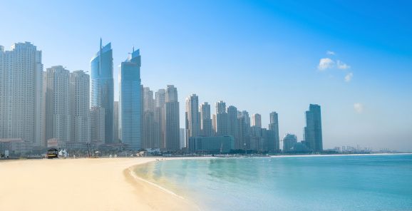 View of Jumeirah beach and skyscrapers in Dubai