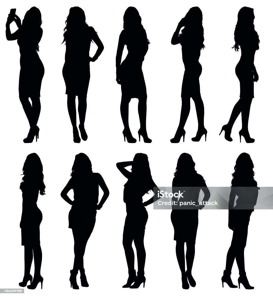 Fashion model female silhouettes in various poses Fashion woman model silhouette in various poses. Set or collection of different figures. Easy editable layered vector illustration. In Silhouette stock vector