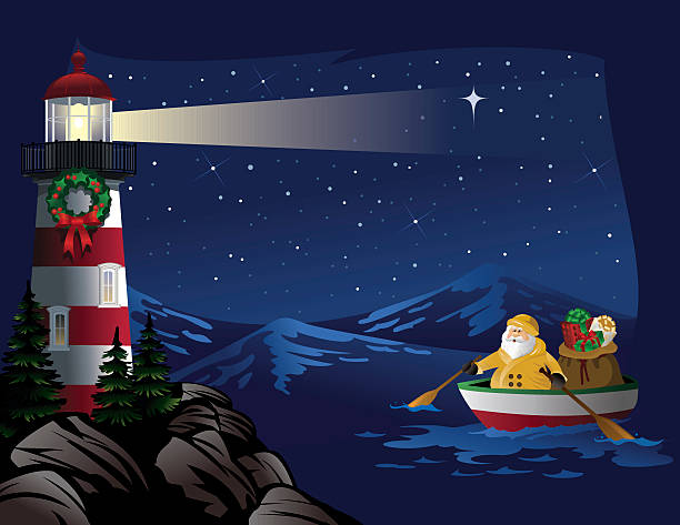 Santa bringing gifts to lighthouse vector art illustration