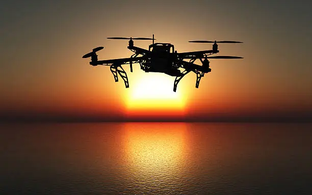 3D render of a drone flying above the sea against a sunset sky