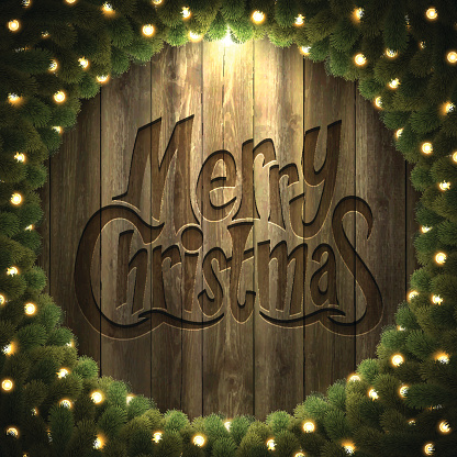 istock Merry Christmas lettering on Wooden Background with  bright Christmas wreath 486618848