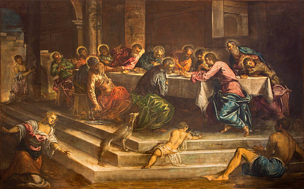 Venice - Last supper of Christ by Jacopo Tintoretto Venice - Last supper of Christ (Ultima Cena) by Jacopo Robusti (Tintoretto) from years 1579 - 1580 in church Chiesa di San Stefano. last supper stock illustrations
