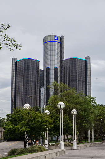 Detriot, USA  - July 26, 2012: The GM building in Detroit taken from the boardwalk during daytime in summer
