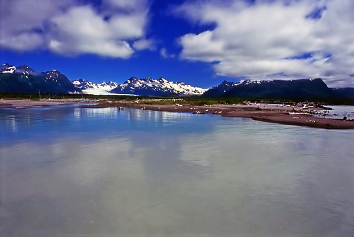 Copper River with mountains in  Alaska