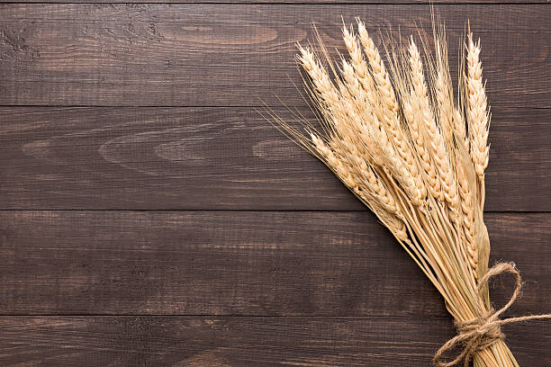 istock Wheat ears on the wooden background. Top view 486623100