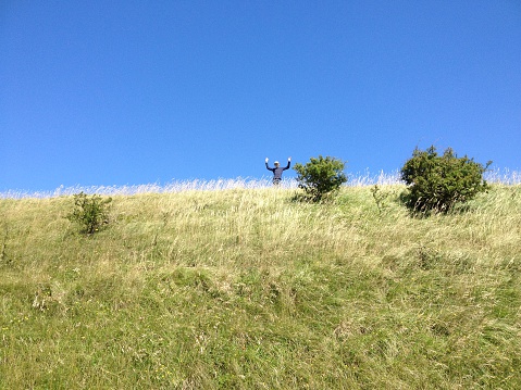 Photo showing a young boy standing at the top of a steep grassy hill in the sunshine, with a rich blue sky in the background providing copy space.  The dark green shrubs in the picture are wild, extremely prickly gorse.