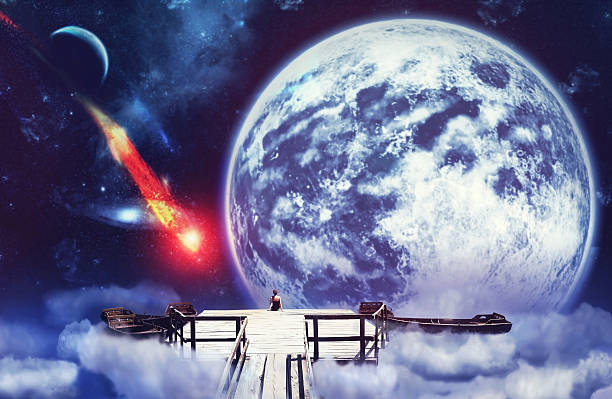 istock Woman sitting on an old pier in space 486623516