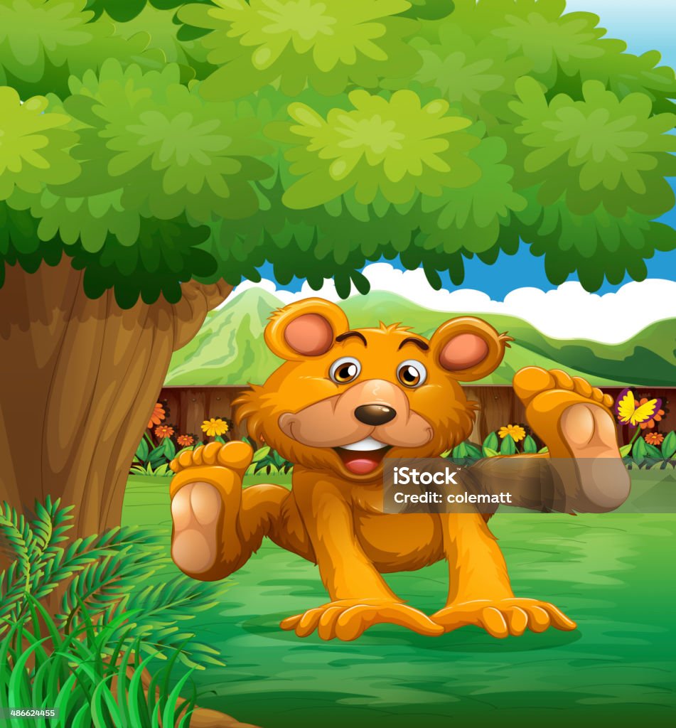 brown bear juegos bajo el árbol en el jardín - arte vectorial de Aire libre libre de derechos