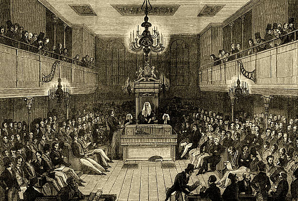 innenansicht des house of commons vor 1834 - city of westminster audio stock-grafiken, -clipart, -cartoons und -symbole