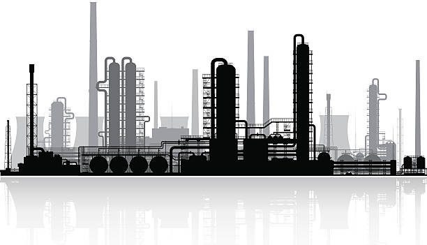 ilustraciones, imágenes clip art, dibujos animados e iconos de stock de refinería de petróleo silhouette.  ilustración vectorial. - oil industry illustrations