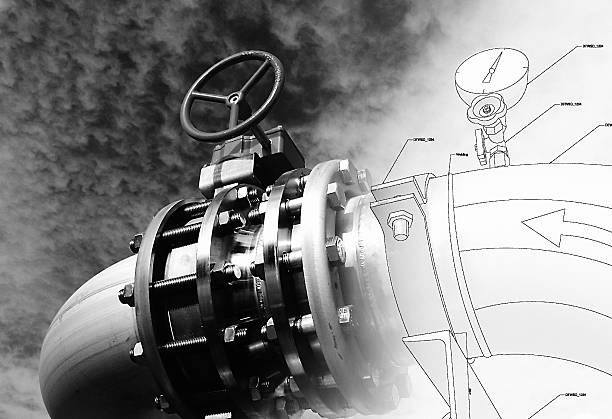 Industrial Steel pipelines and valves mixed with sketch against sky