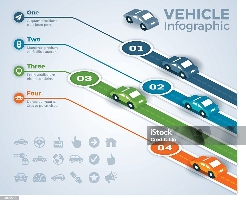 Car Vehicle and Driving Infographic Vehicle, car and driving nfographic with space for your content or copy. EPS 10 file. Transparency effects used on highlight elements. Road stock vector
