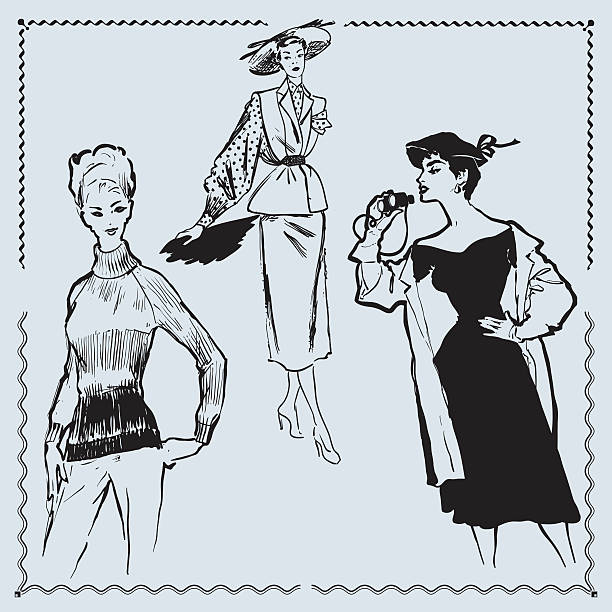 Retro Fashion Models Elegant, fashionable, retro styled women, rough doodle drawing dress illustrations stock illustrations
