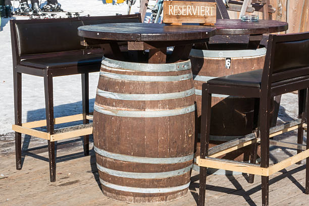 istock Reserved barrel shaped table in mountain chalet 486627274