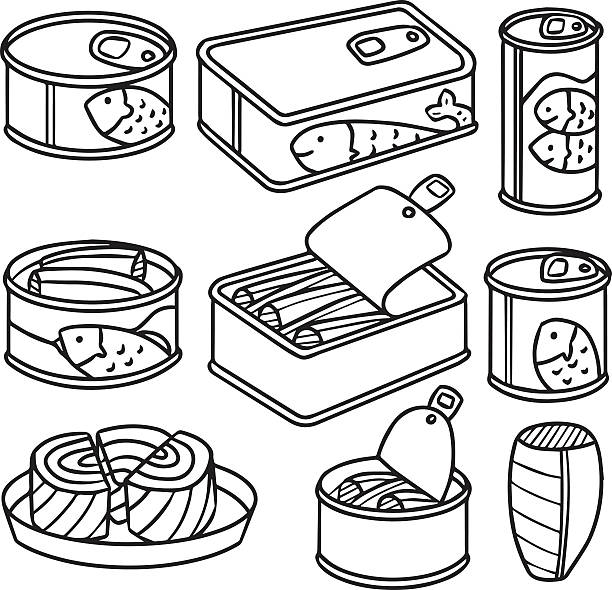 ilustrações, clipart, desenhos animados e ícones de conjunto de vetor de peixe em lata - can packaging tuna food