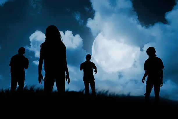 Group of zombie walking at night. Halloween concept