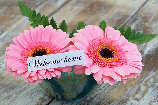 istock Welcome home card with pink gerbera daisies 486634534