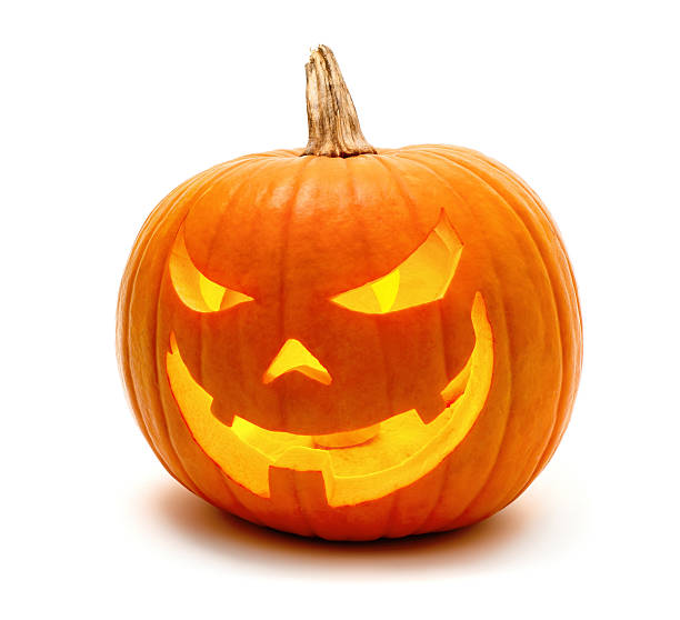 Halloween pumpkin with evil grin Jack o Lantern Halloween pumpkin grinning in the most evil fashion, isolated on white halloween pumpkin jack o lantern horror stock pictures, royalty-free photos & images