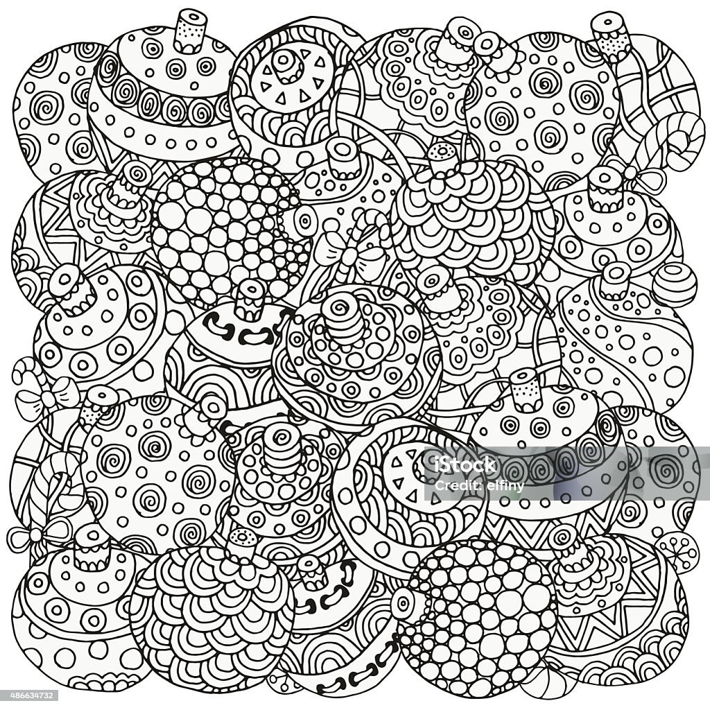 Pattern for coloring book. Christmas balls Pattern for coloring book. Christmas hand-drawn decorative elements in vector. Fancy Christmas balls, stars. Pattern for coloring book. Black and white pattern.  Made by trace from sketch. 2015 stock vector