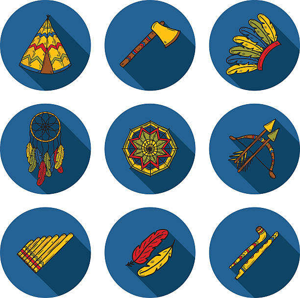 ilustrações, clipart, desenhos animados e ícones de conjunto de mão desenhada dos objetos em injun tema: tomahawk - injun