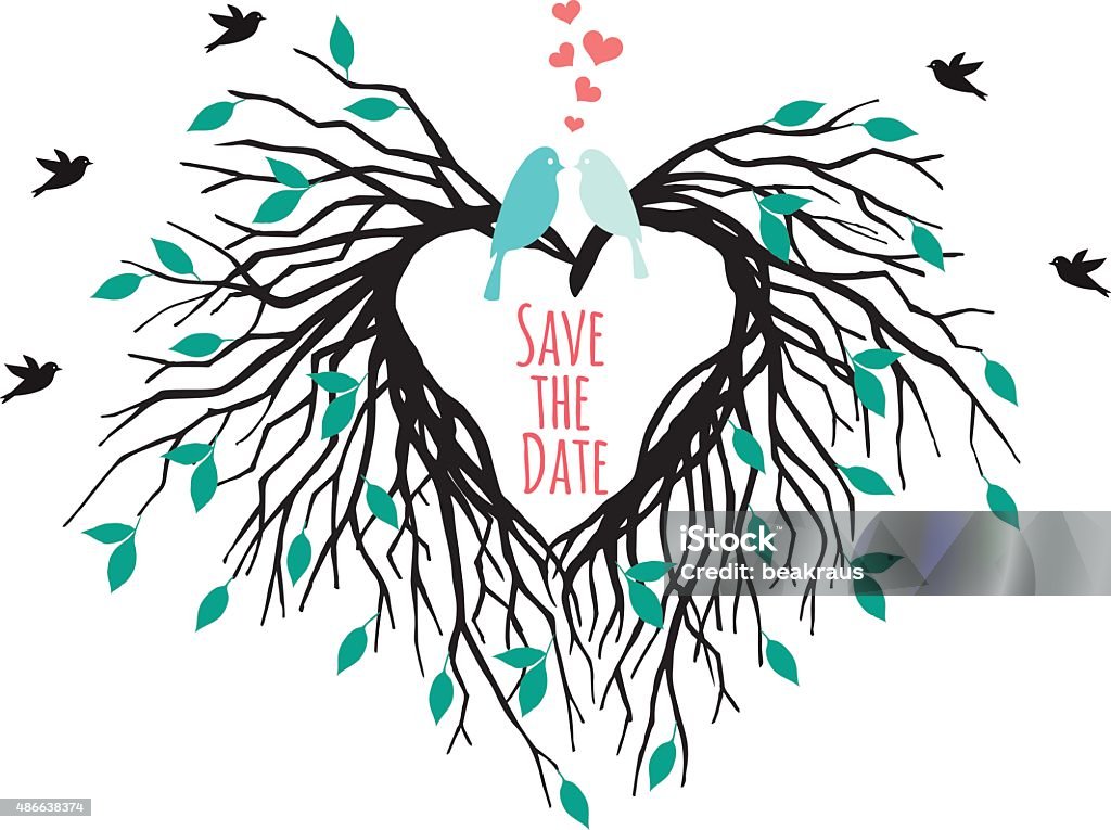 heart wedding tree with birds, vector heart shaped wedding tree with birds, save the date, vector illustration Heart Shape stock vector