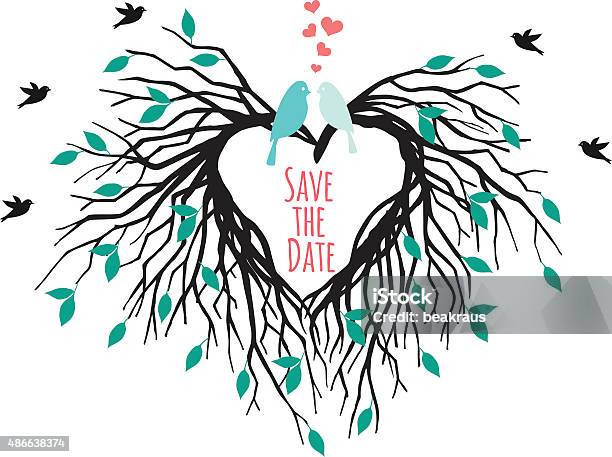 Heart Wedding Tree With Birds Vector Stock Illustration - Download Image Now - Heart Shape, Root, Tree