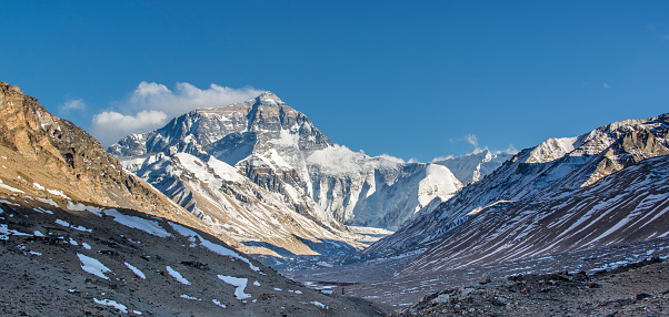 North Face of Mount Everest Viewed from Base Camp in Tibet, China in the morning